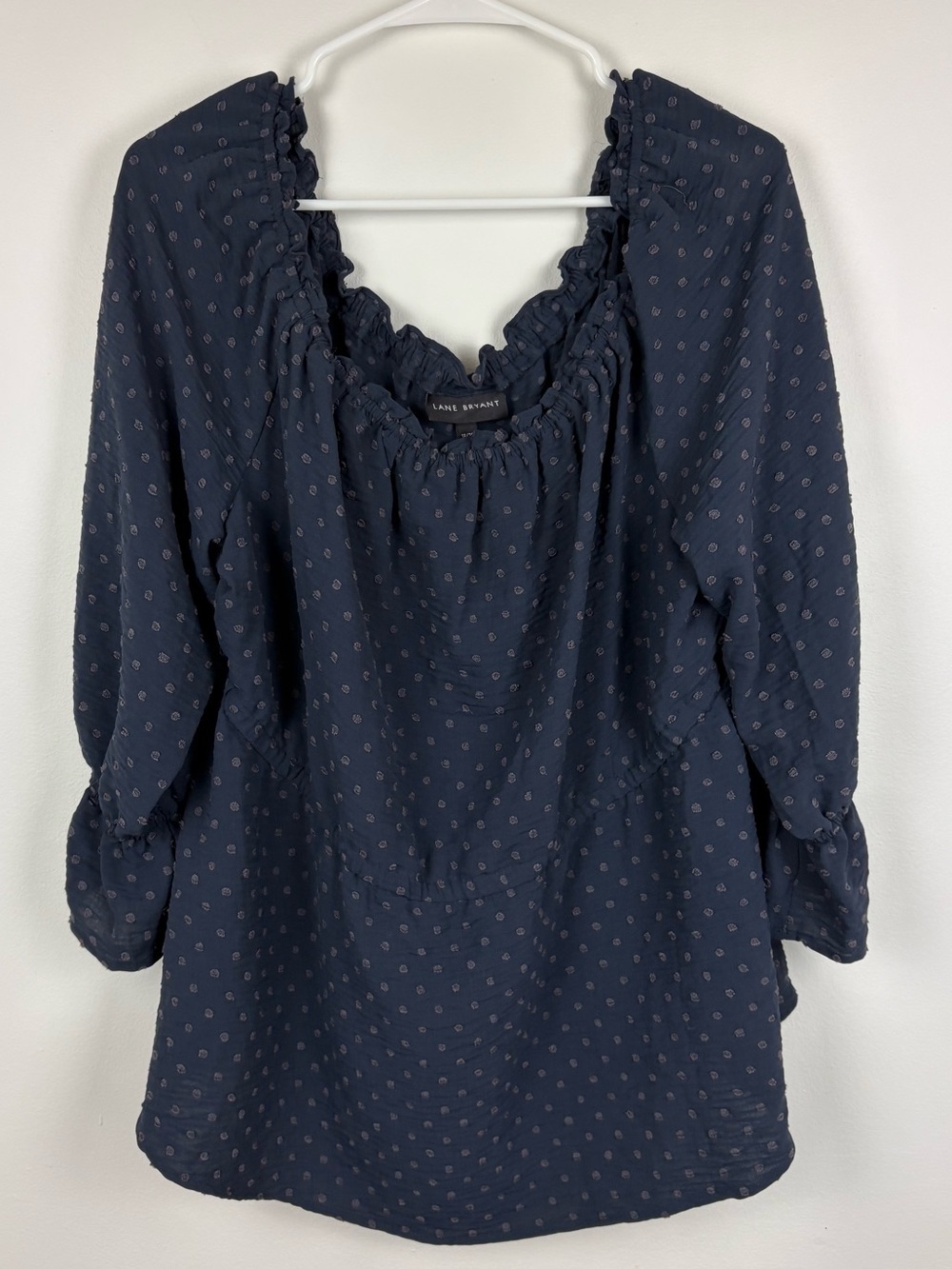 Lane Bryant Navy Peasant Boho Blouse Grey Swiss Dot 18/20 EUC Romantic Feminine